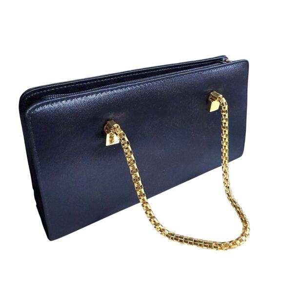 La Regale Evening Mini Cocktail Bag Navy Blue Satin Gold Tone Mesh Chain Handles - Picture 11 of 11